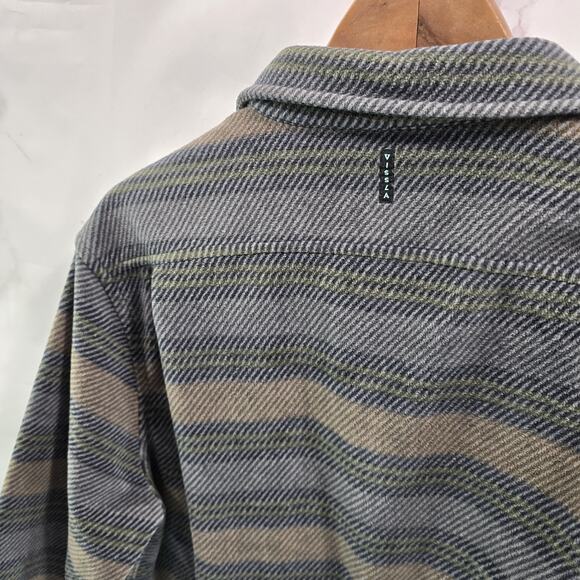 Vissla Shirt Mens Medium Brown Gray Fleece Stripe Button Up Long Sleeve Shacket - Picture 8 of 13